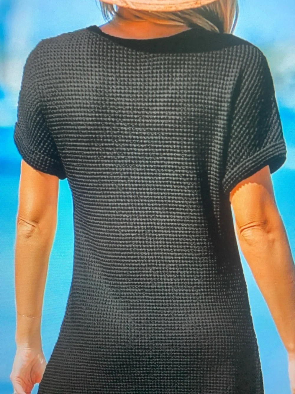 Black Waffle Knit Short Sleeve Tie-Hem Dress - Picture 5 of 6